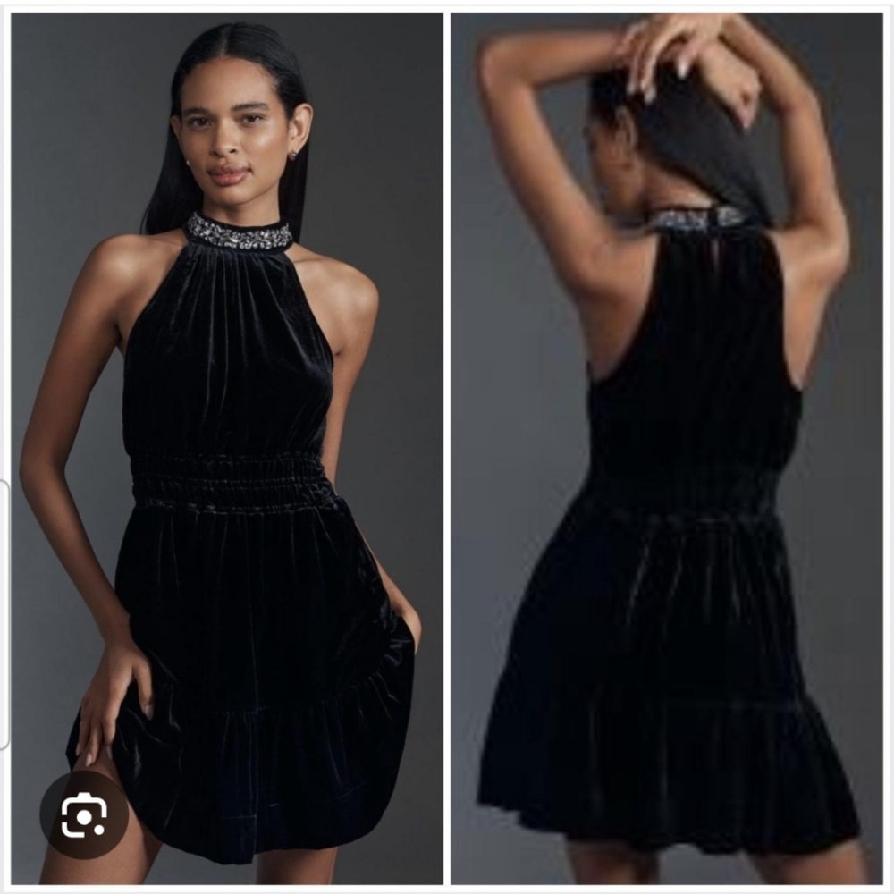 New Anthropologie Somerset Velvet Halter Rhinestone Smocked Mini Dress Tunic